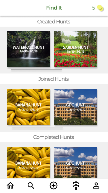 FindIt created and joined hunts screen